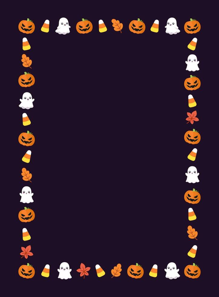 Cute Vertical Rectangle Halloween Frame Template. Rectangular Halloween border with cartoon ghost, jack o lantern, pumpkins, candy corn. Social media banner vector illustration
