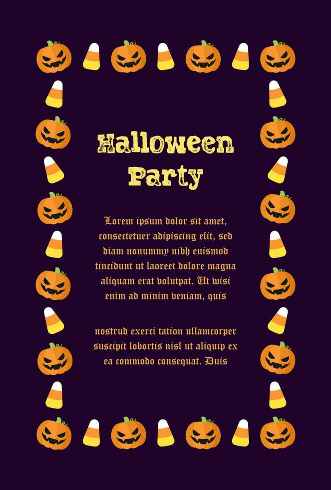 Cute Vertical Rectangle Halloween party invitation template, frame border design with jack o lantern, pumpkins, candy corn. Social media banner vector illustration.