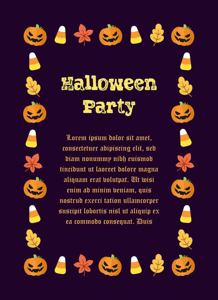 Cute Vertical Rectangle Halloween party invitation template, frame border design with jack o lantern, pumpkins, candy corn. Social media banner vector illustration.