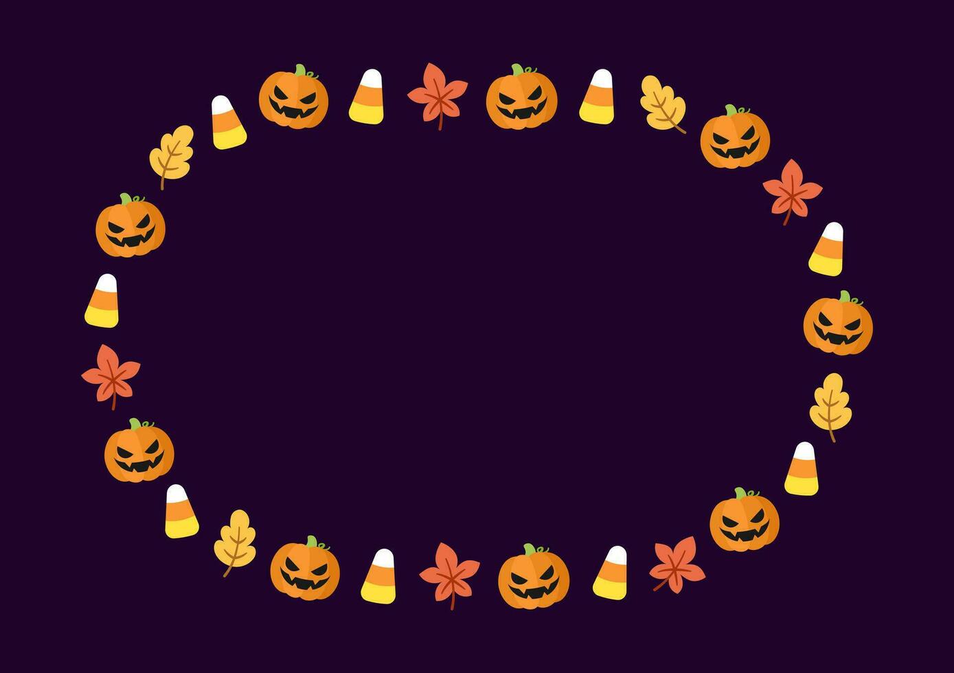 Cute Halloween frame template. Oval Halloween border design with jack o lantern, pumpkins, candy corn. Social media banner vector illustration