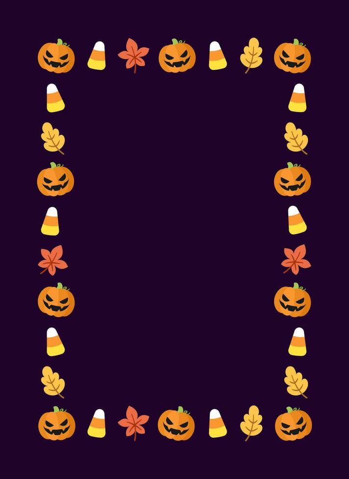 Cute Vertical Rectangle Halloween frame border design with jack o lantern, pumpkins, candy corn. Social media banner post vector illustration.