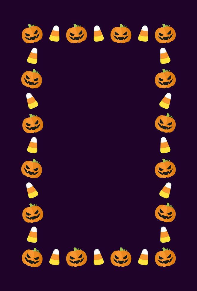 Cute Vertical Rectangle Halloween frame border design with jack o lantern, pumpkins, candy corn. Social media banner post vector illustration.