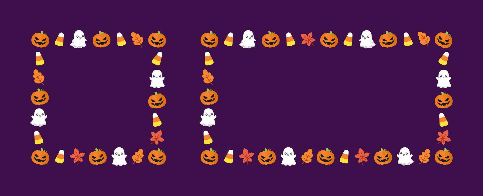 Cute Square and Rectangle Halloween frame template set. Halloween border with ghost, jack o lantern, pumpkins, candy corn. Social media banner vector illustration collection