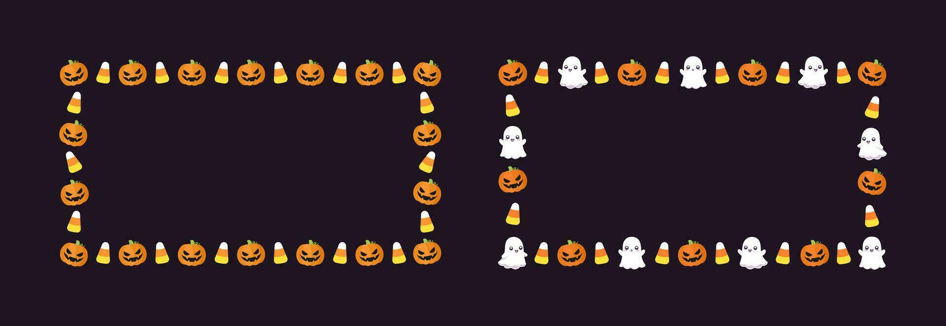 Cute Rectangle Halloween frame template set. Rectangular Halloween border with cartoon ghost, jack o lantern, pumpkins, candy corn. Social media banner vector illustration