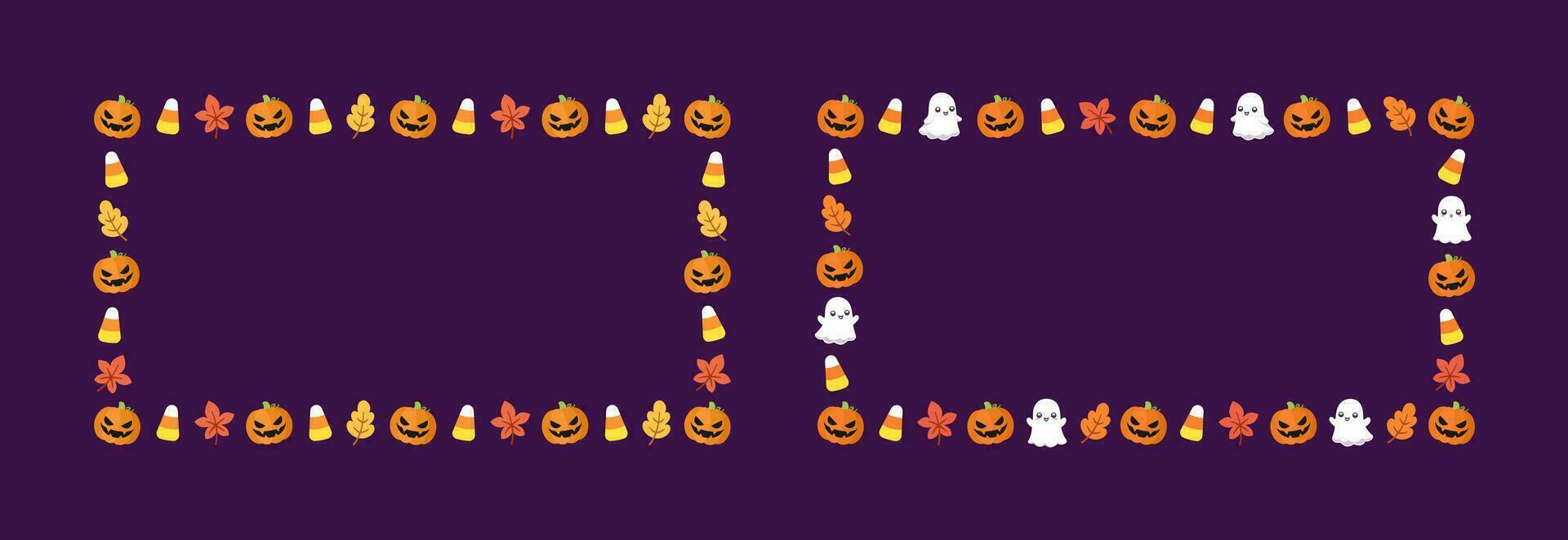 Cute Rectangle Halloween frame template set. Rectangular Halloween border with cartoon ghost, jack o lantern, pumpkins, candy corn. Social media banner vector illustration
