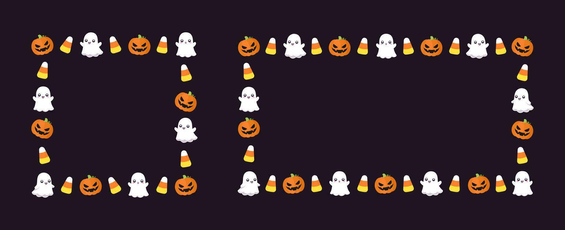 Cute Square and Rectangle Halloween frame template set. Halloween border with ghost, jack o lantern, pumpkins, candy corn. Social media banner vector illustration collection