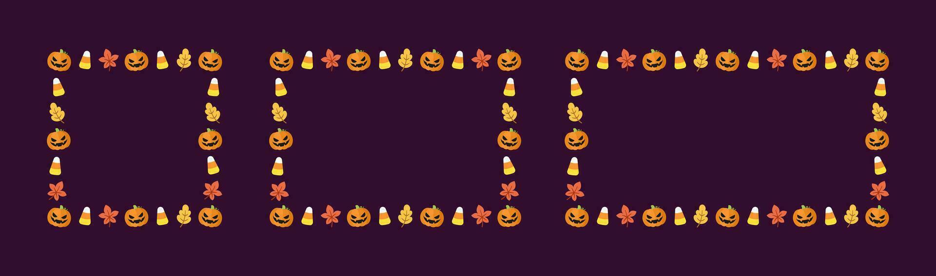 Cute Square and Rectangle Halloween frame template set. Halloween border with jack o lantern, pumpkins, candy corn. Social media banner vector illustration collection