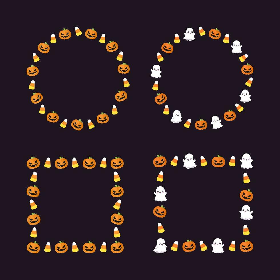 Round and square Halloween frame border with cartoon ghost, jack o lantern, pumpkins, candy corn set. Cute Halloween card template collection. Vector illustrations.