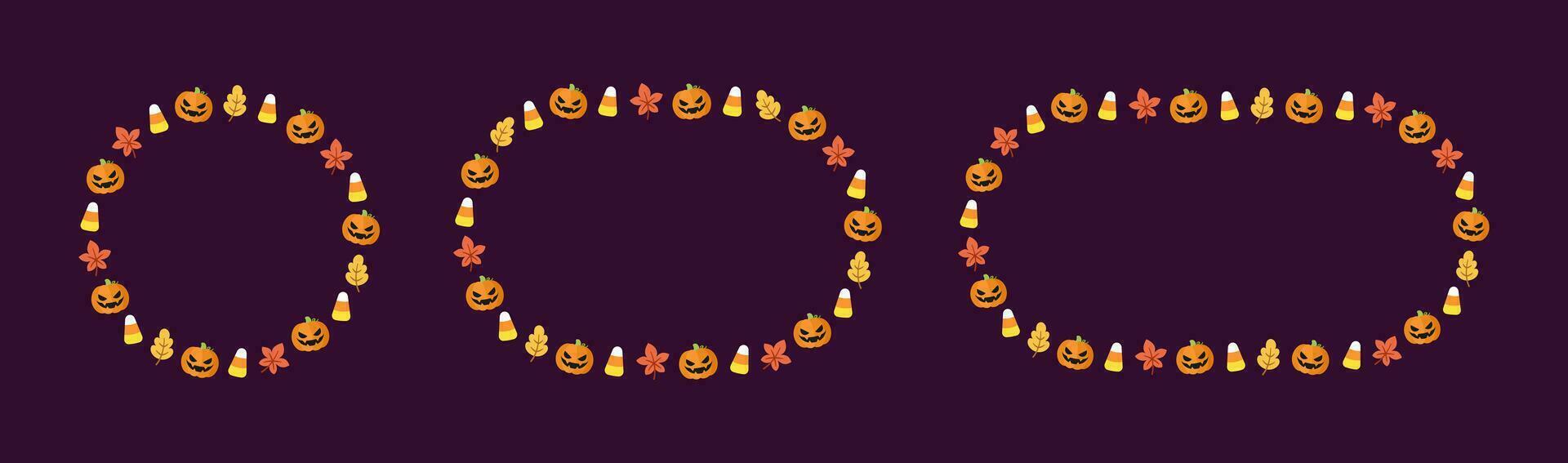 Round Halloween frame border with cartoon jack o lantern, pumpkins, candy corn set. Cute Halloween card template collection. Vector illustrations.