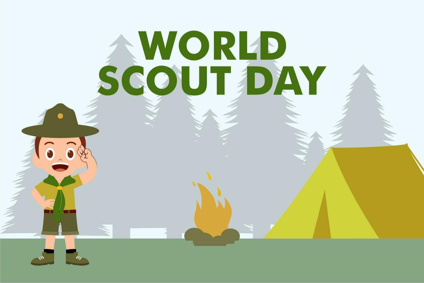 Camping scouts. Campfire scout boy in forest silhouette vector