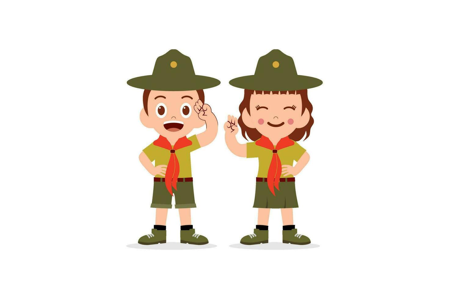 contento linda pequeño niño chico y niña vestir explorar uniforme vector