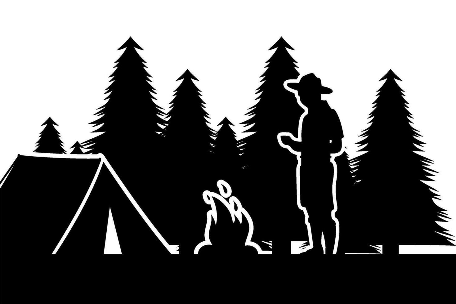 Camping scouts. Campfire scout boy in forest silhouette vector