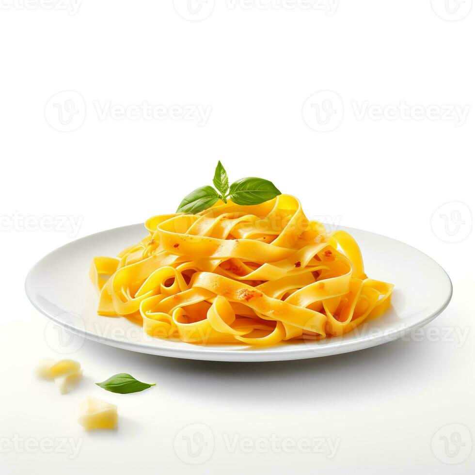 Photo of Fettuccine on plate  isolated on white background. Created by Generative AI