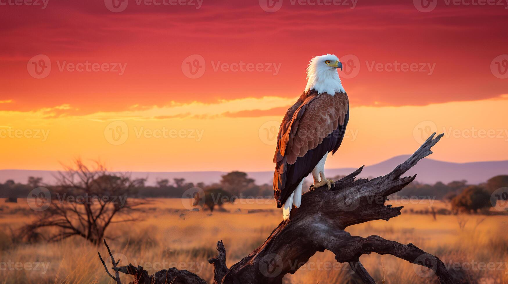 Photo of African Fish Eagle on savanna at sunset.