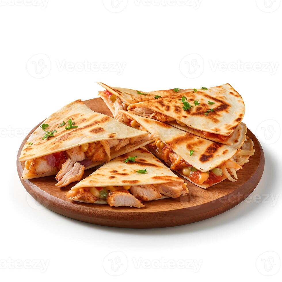 Photo of Chicken Quesadilla on wooden board isolated on white background. Created by Generative AI