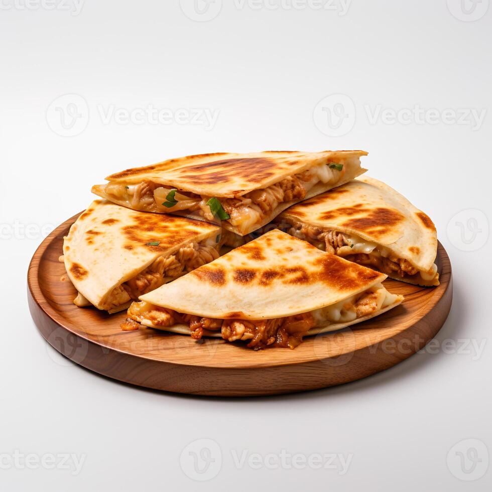 Photo of Chicken Quesadilla on wooden board isolated on white background. Created by Generative AI