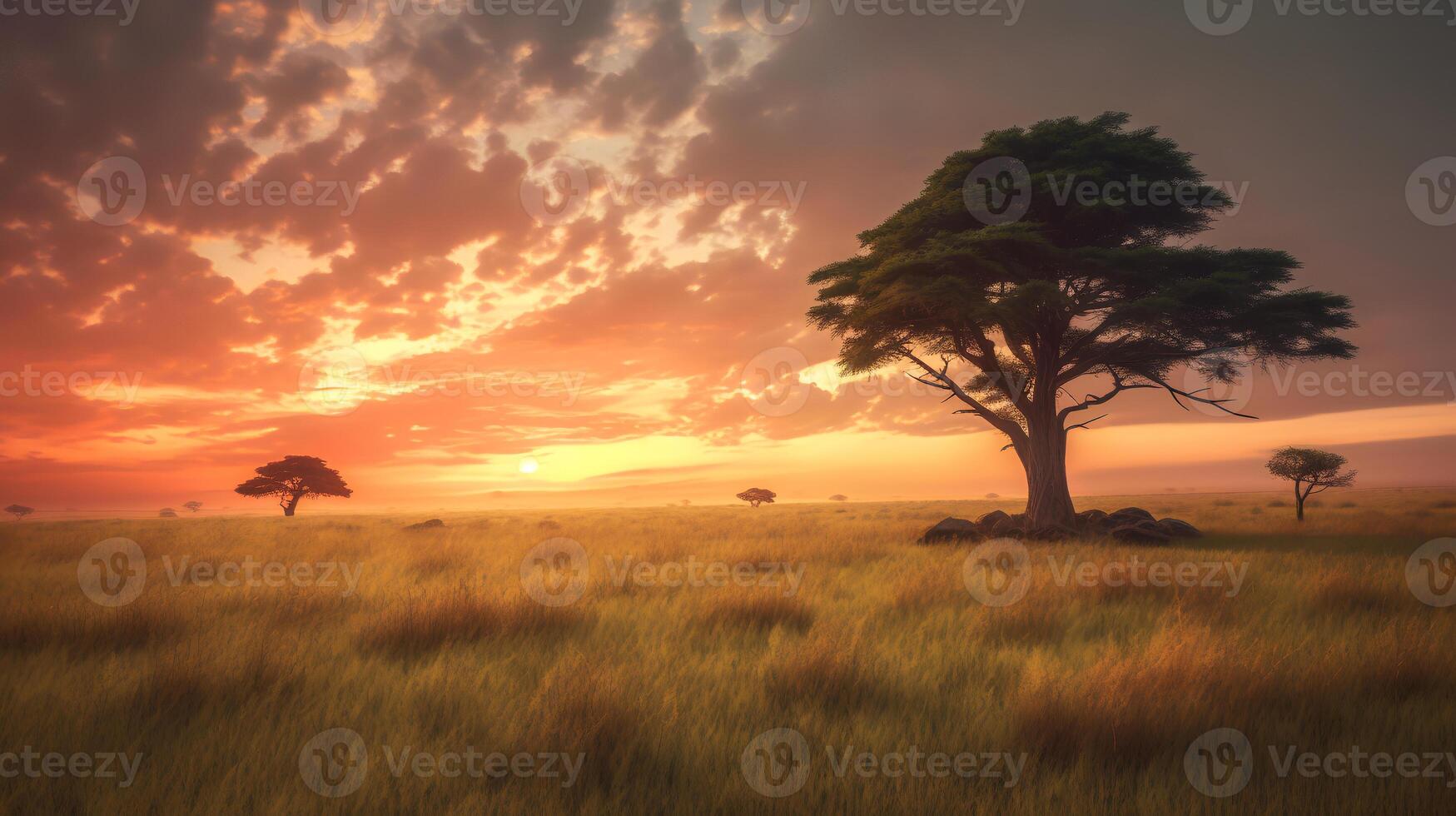 Photo of savanna at sunset. Generative AI