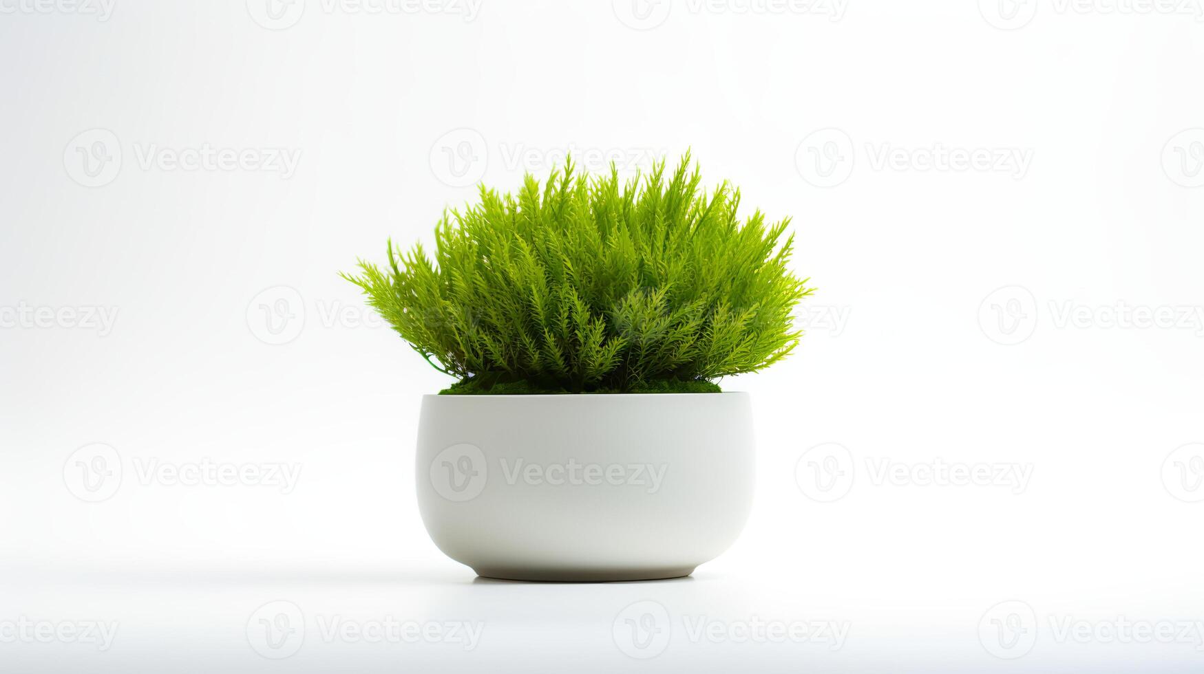 Photo of Java Moss in minimalist pot as houseplant for home decoration isolated on white background.