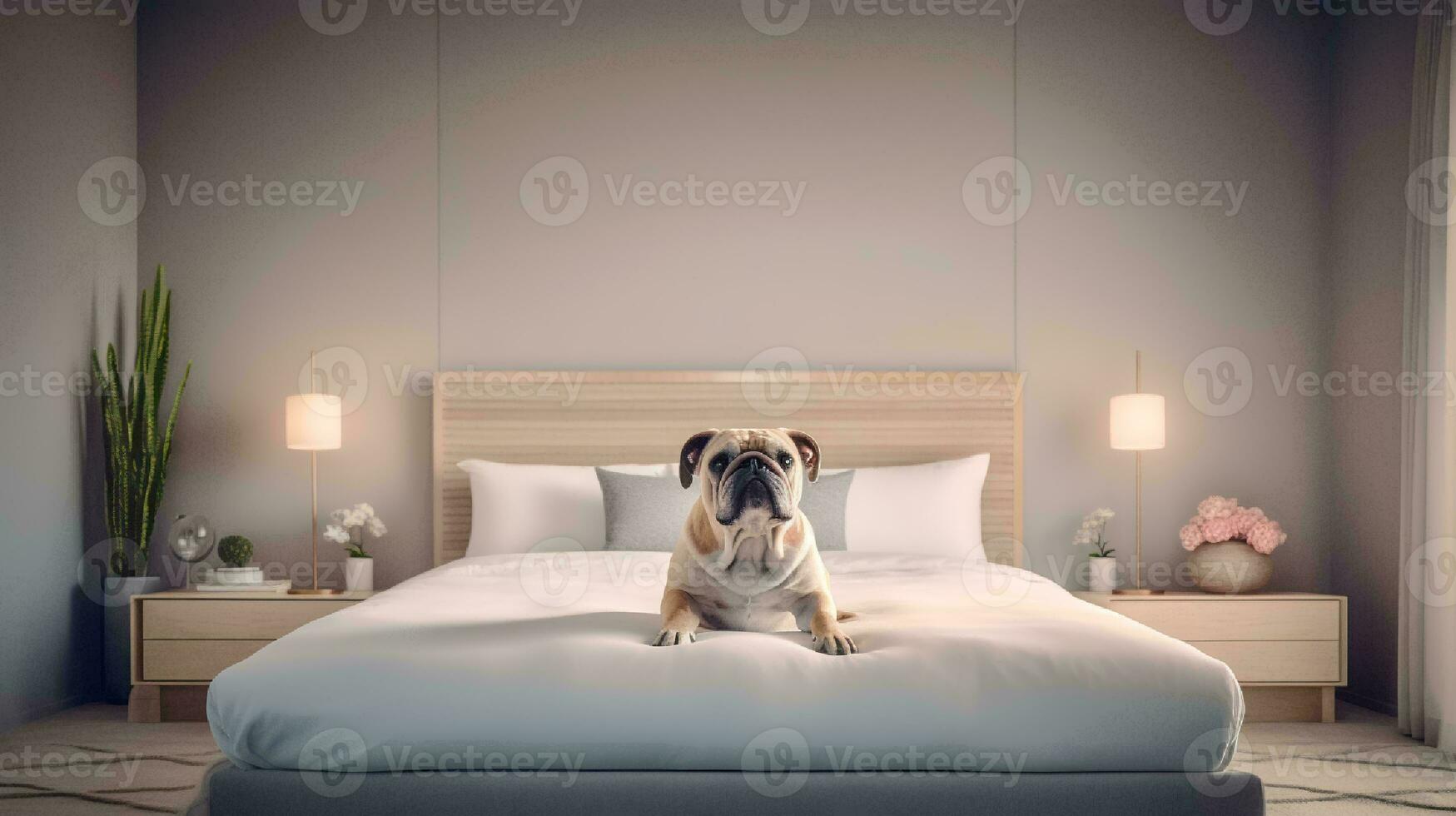 bulldog dog lying on bed in hotel with contemporary interior design. Generative AI photo