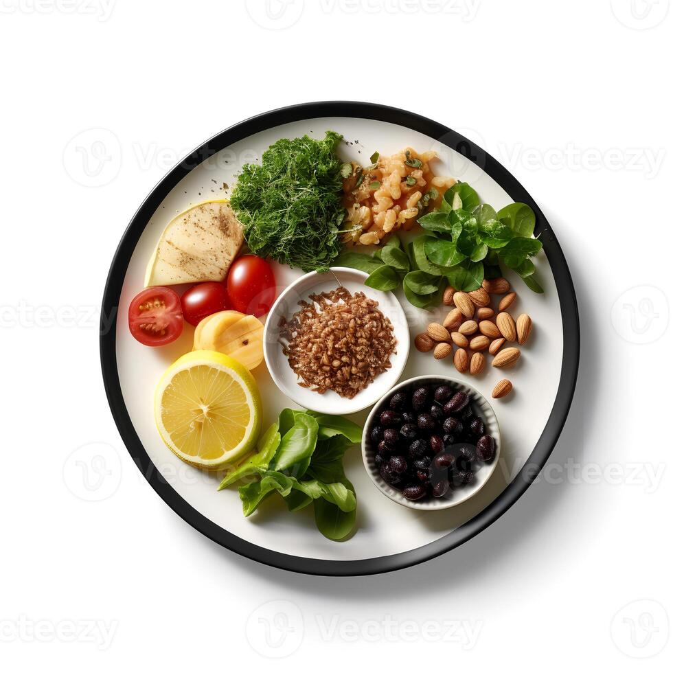 Food photography of raw food on plate isolated on white background. Generative AI photo