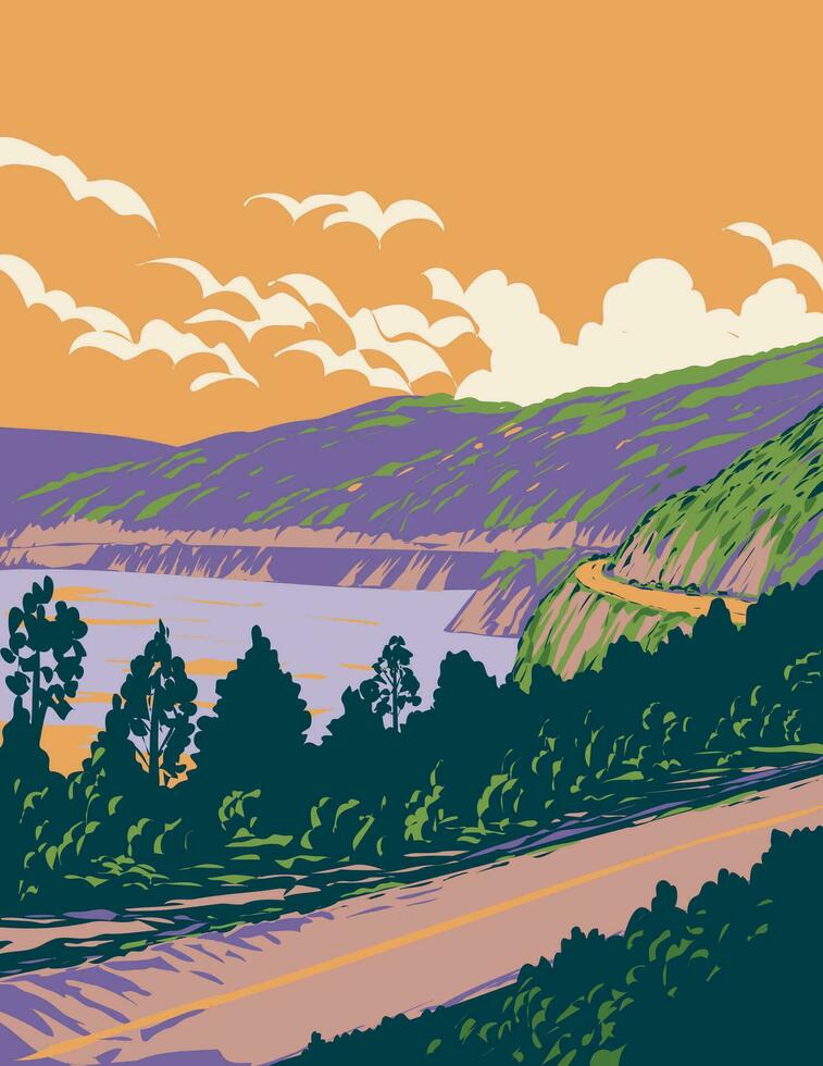 Route of the Seven Lakes in Villa La Angostura and San Martin de Los Andes Argentina WPA Art Deco Poster vector