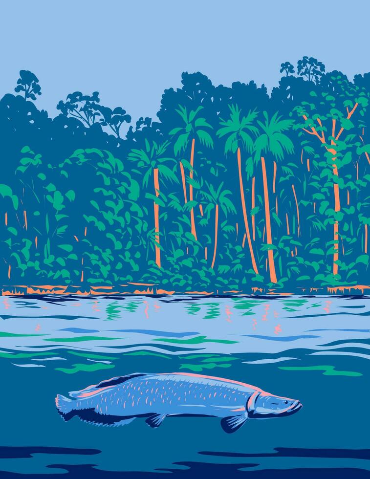 arapaima en el Amazonas río en sur America wpa Arte deco póster vector