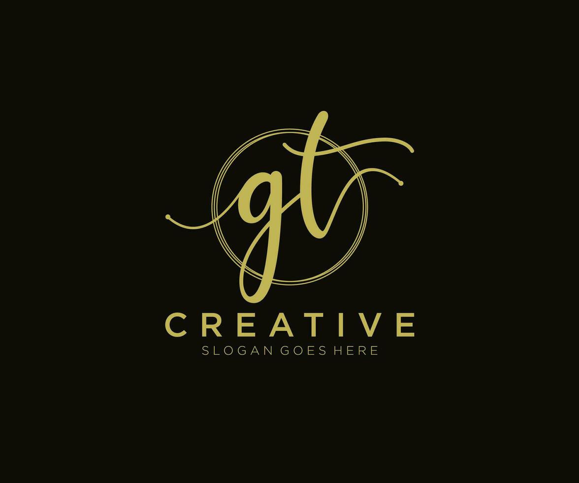 initial GT Feminine logo beauty monogram and elegant logo design, handwriting logo of initial signature, wedding, fashion, floral and botanical with creative template. vector