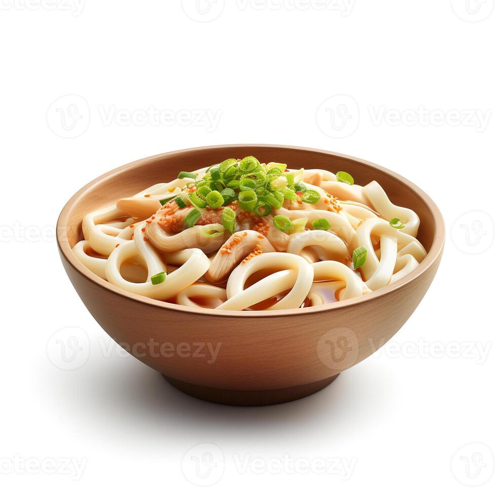 Food photography of Udon on brown bowl isolated on white background. photo