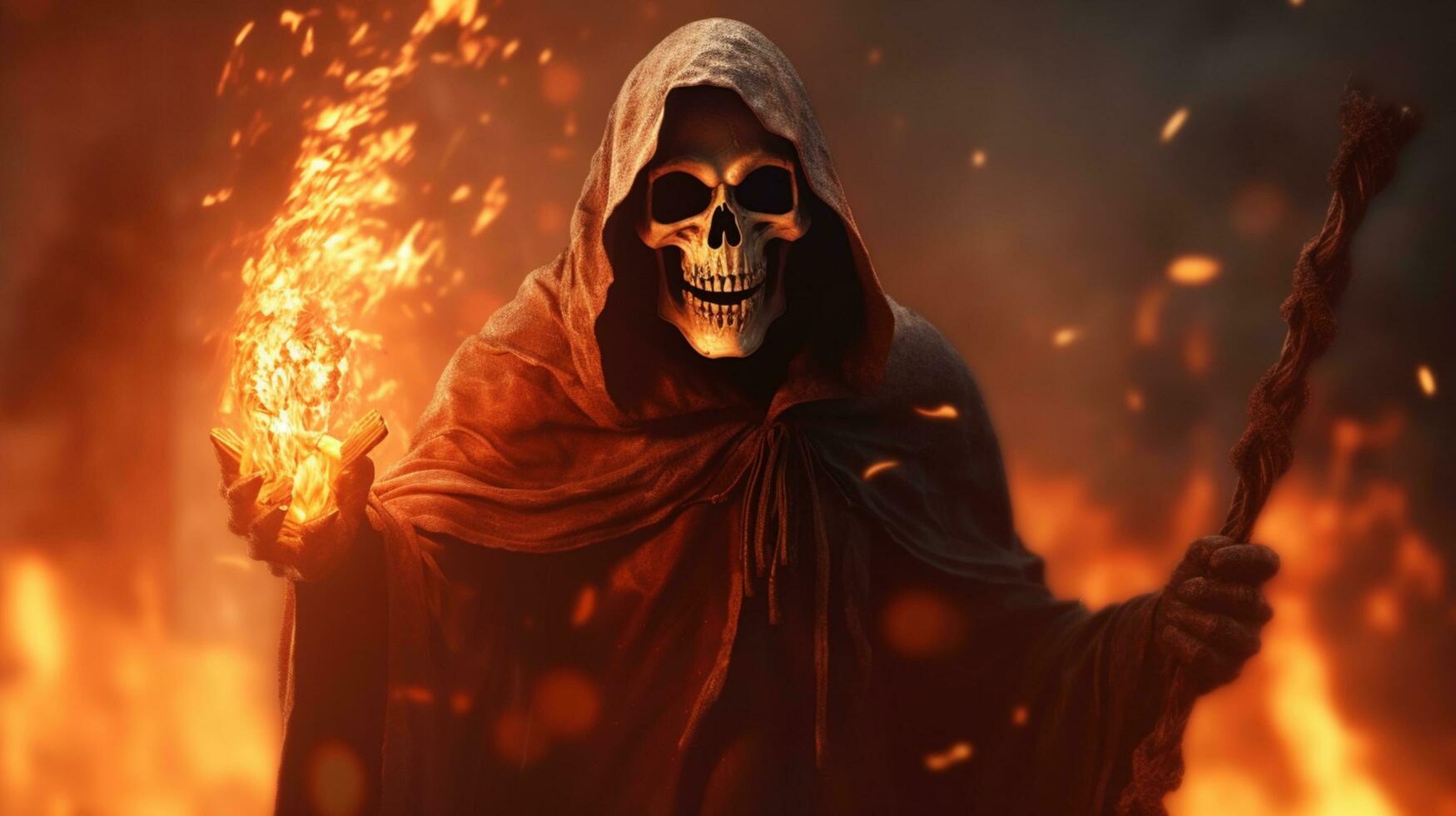 grim reaper with fire landscape illustration photo