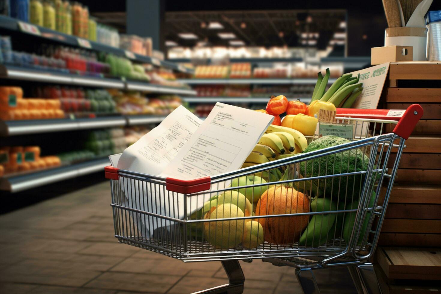 cart and fruits in the supermarket photo