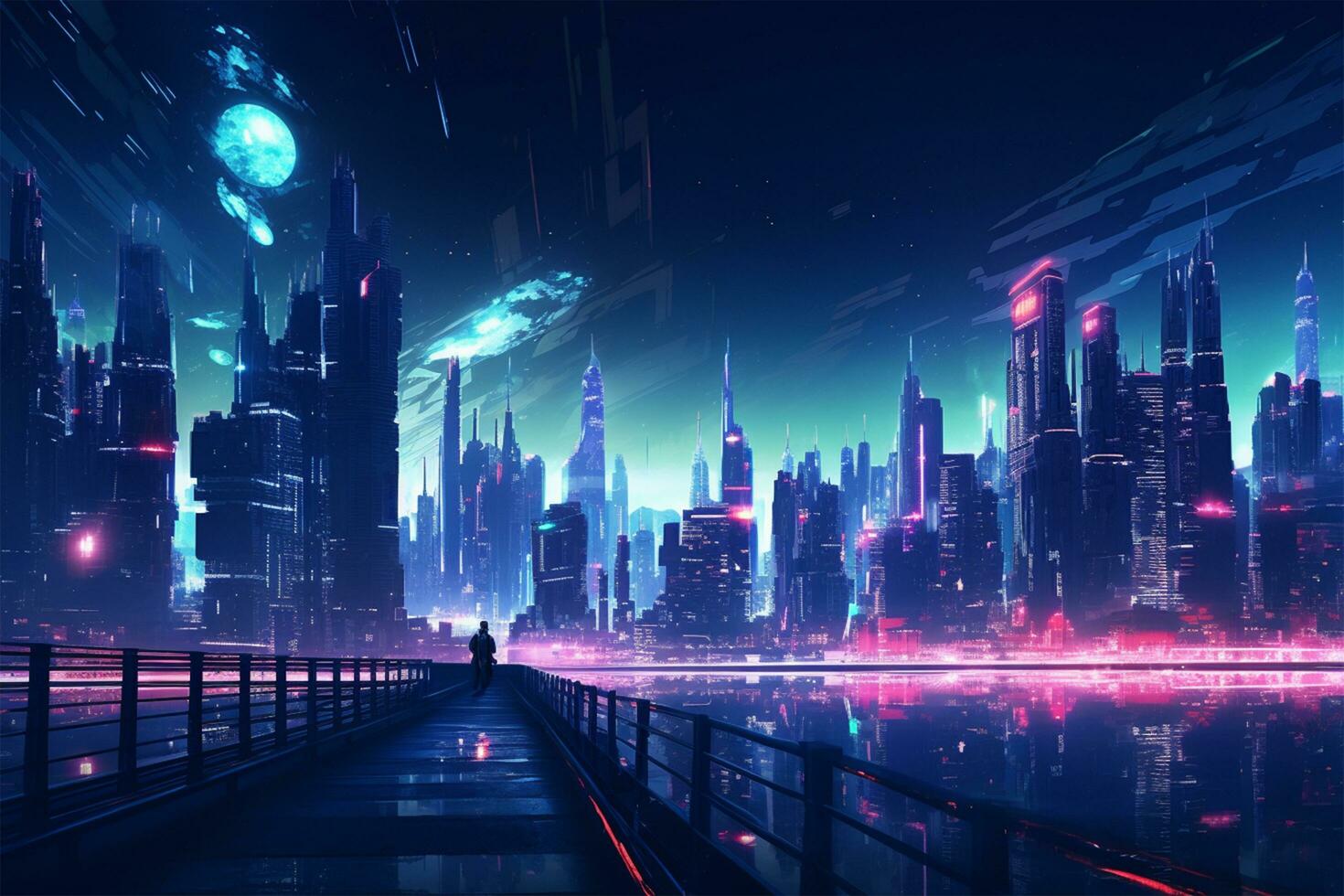 cyberpunk city illustration in the night view photo