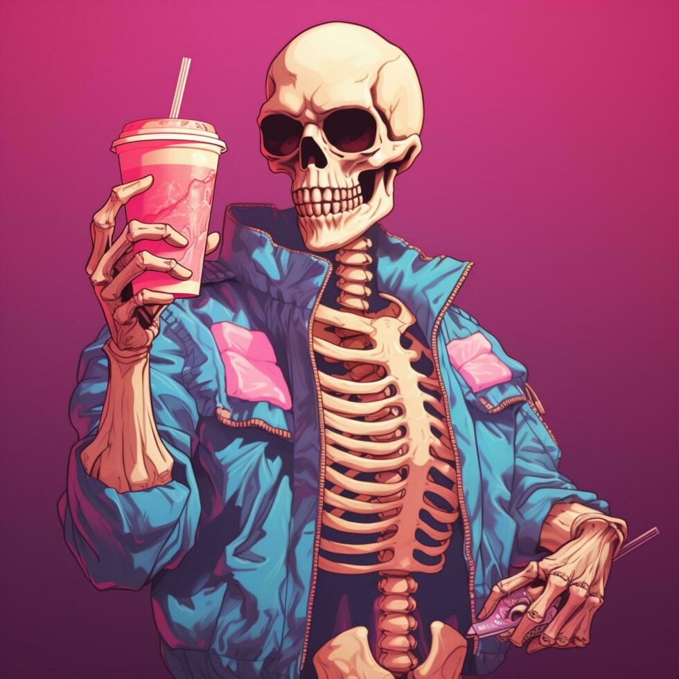 skeleton holding a drink illustration design photo