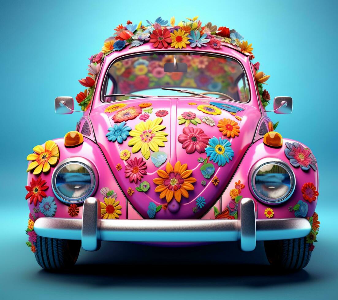 frog car with flower decoration on blue background photo