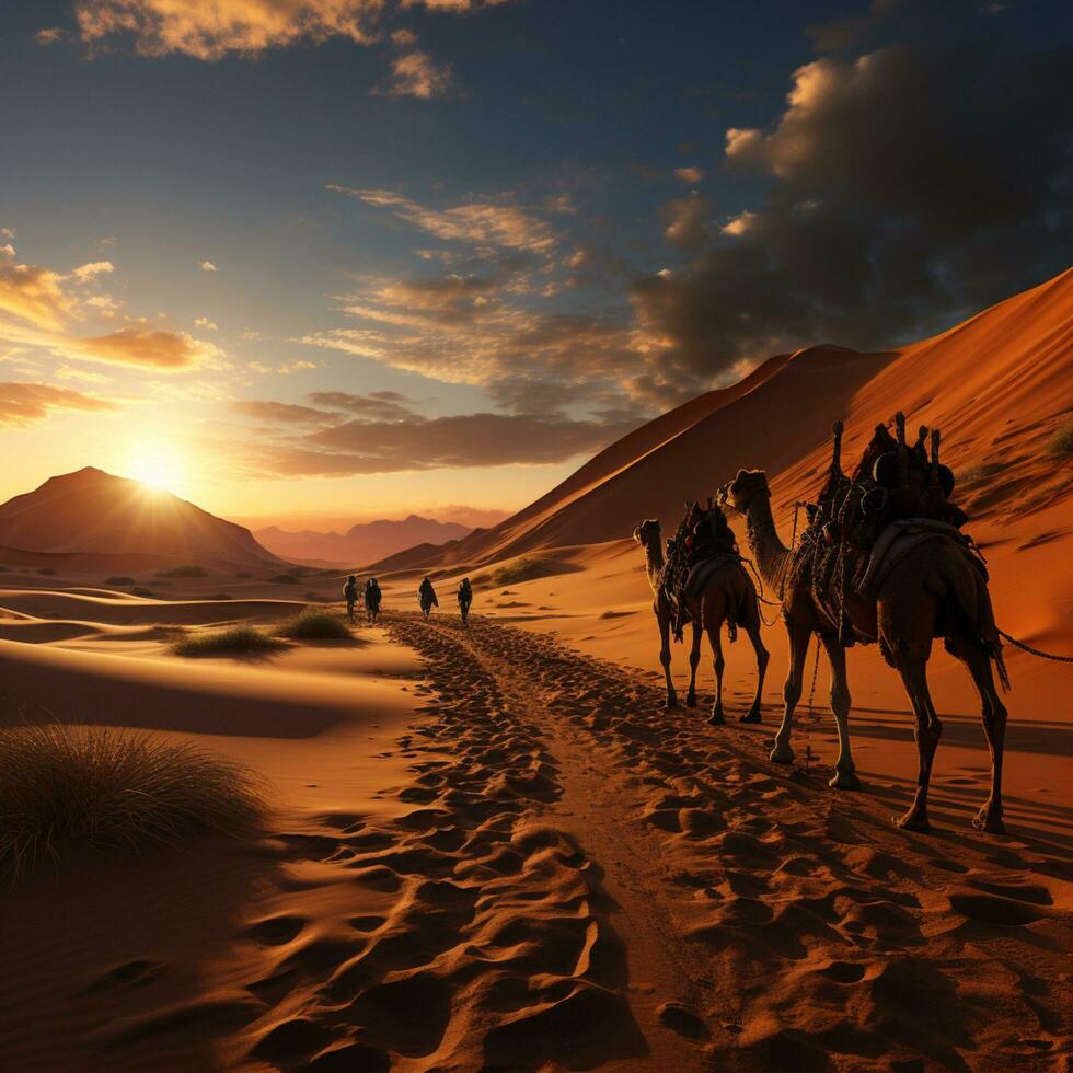 camel walking in desert illustration background photo