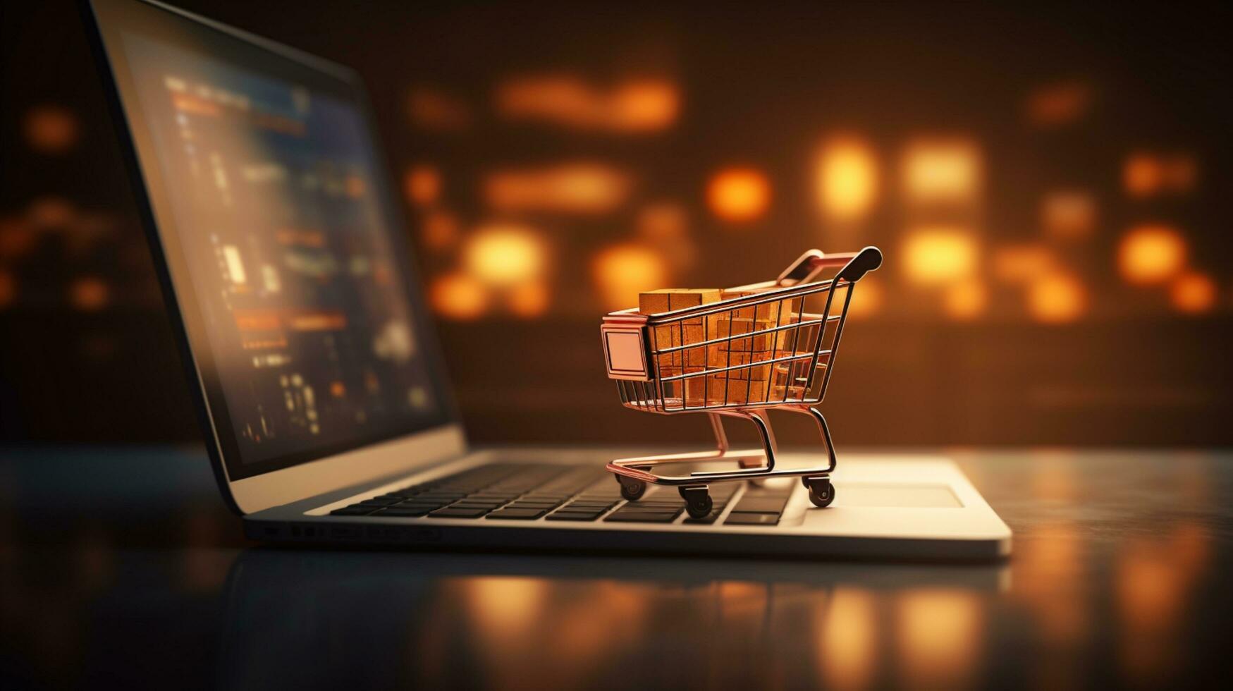 laptop with shop cart background photo