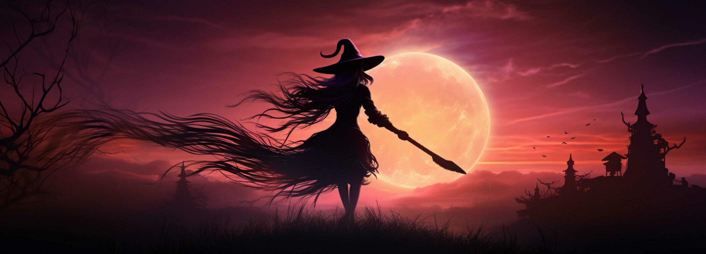 silhouette witch full moon background photo