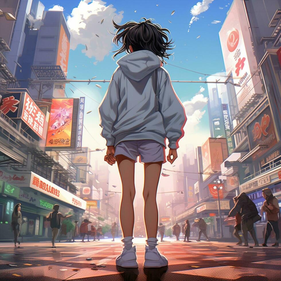 anime niña caminando en el ciudad foto