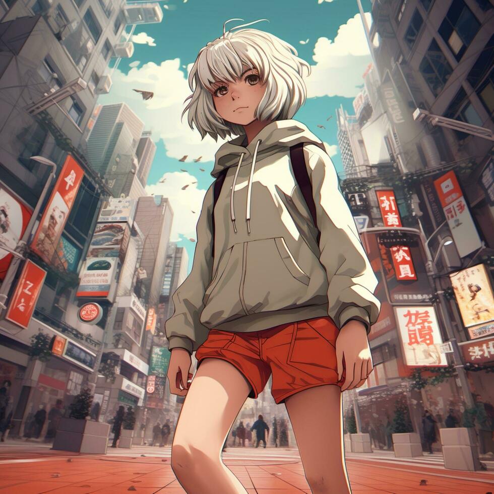 linda anime niña caminando en el ciudad foto