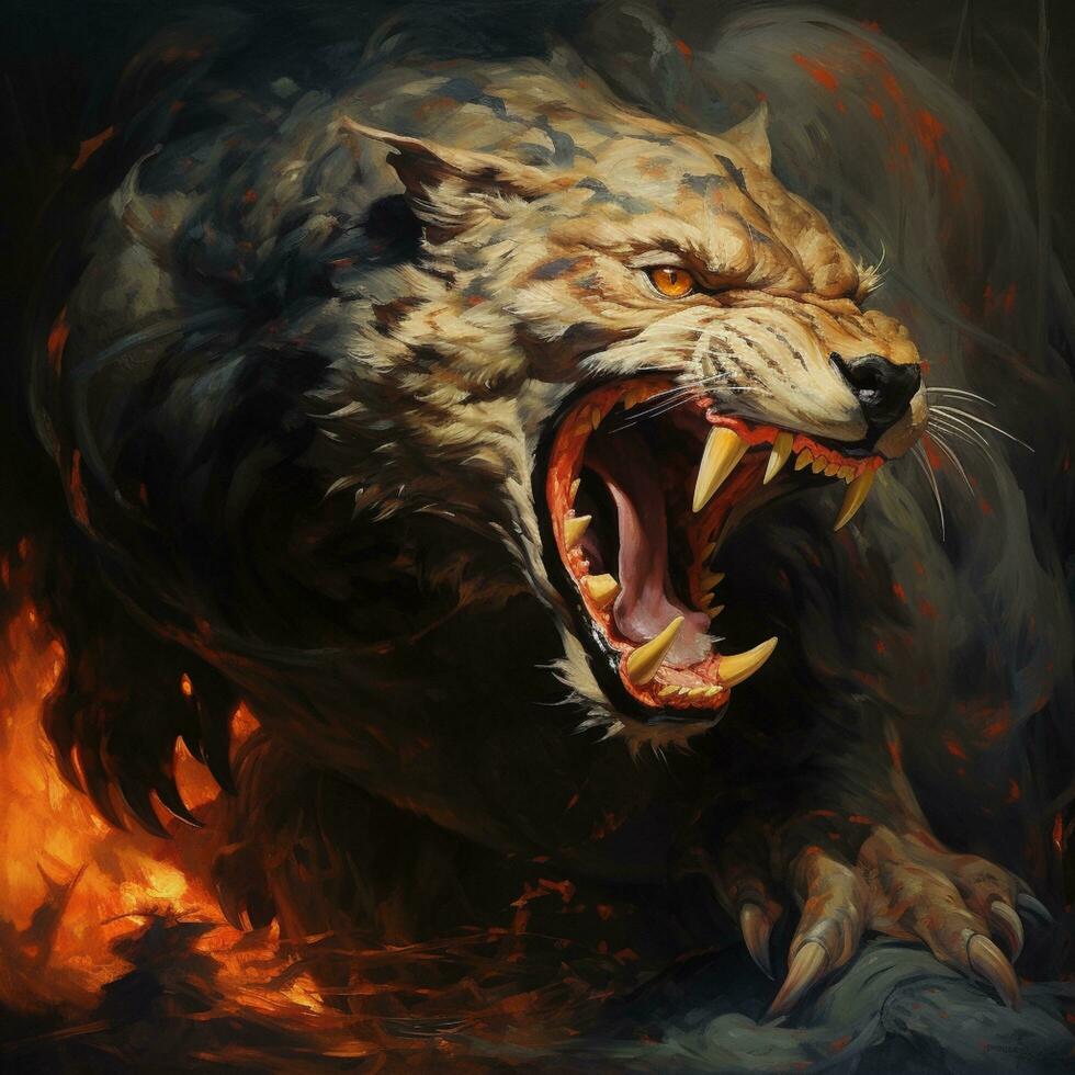 tiger angry illustration with fire photo