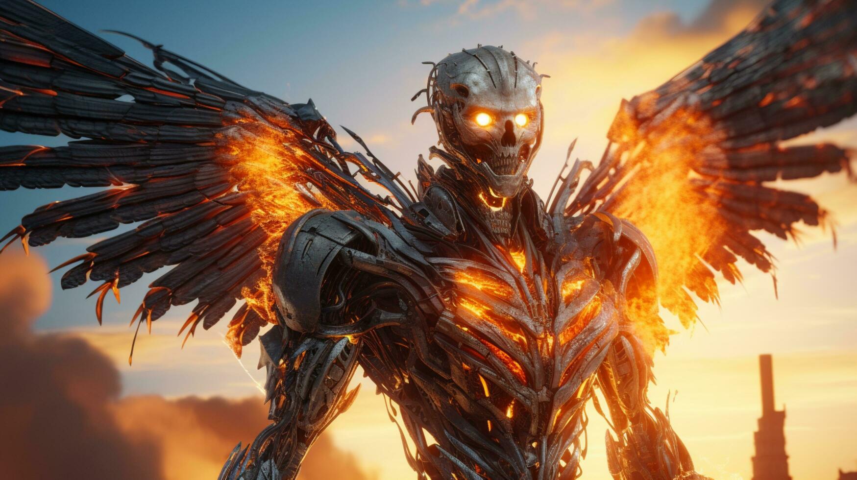 robot with burning wing fire photo