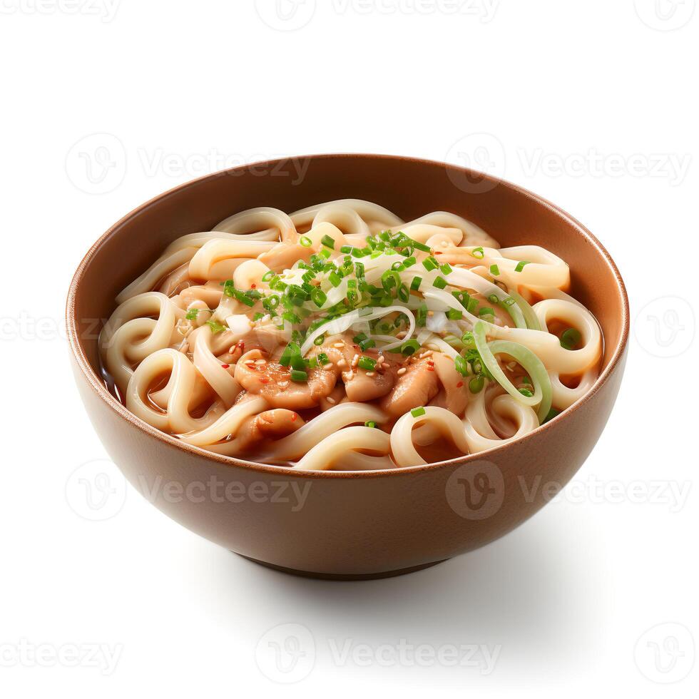 Food photography of Udon on brown bowl isolated on white background. photo