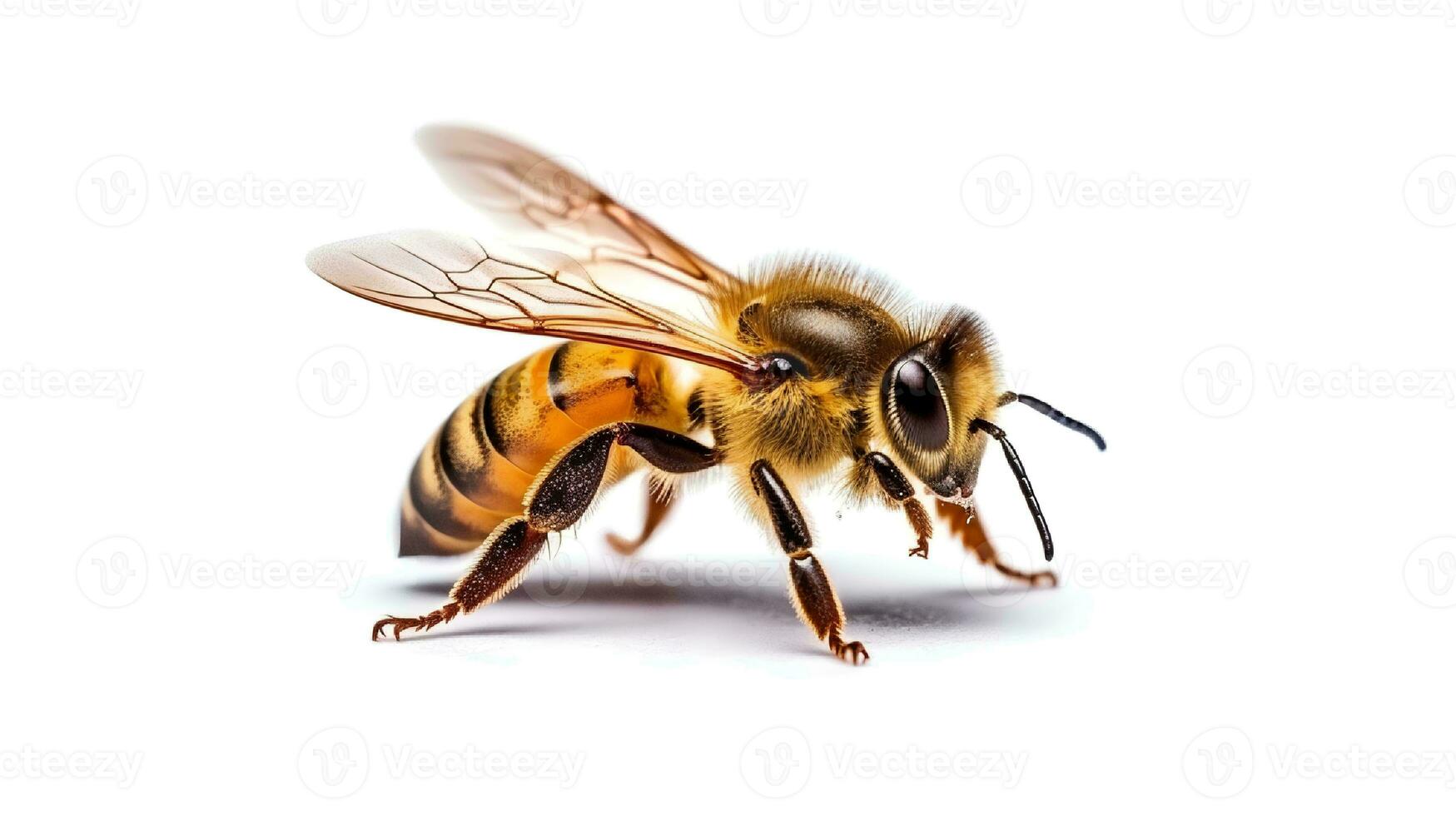 Photo of a honey bee on white background. Generative AI