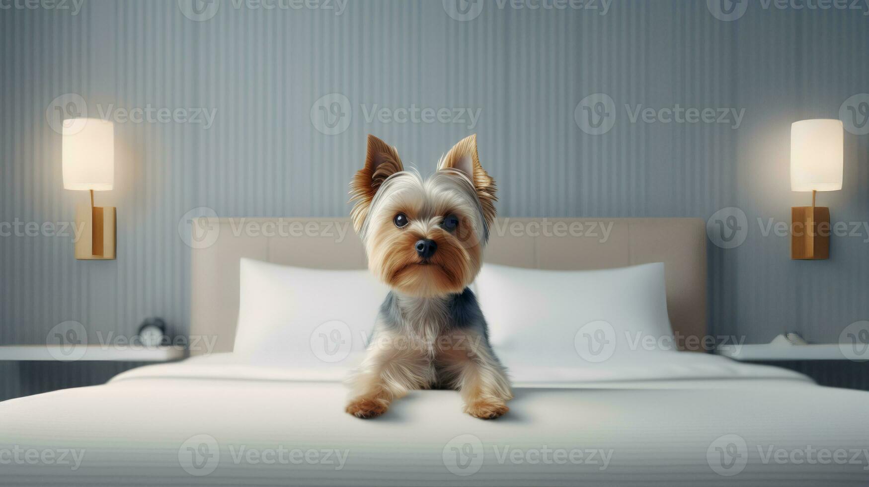 Yorkshire terrier dog lying on bed in hotel with contemporary interior design. Generative AI photo
