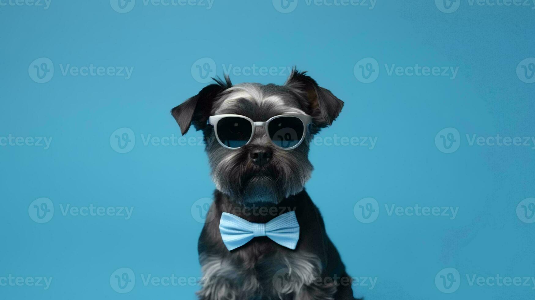 Photo of haughty Affenpinscher dog using glasses  and office suit on blue background