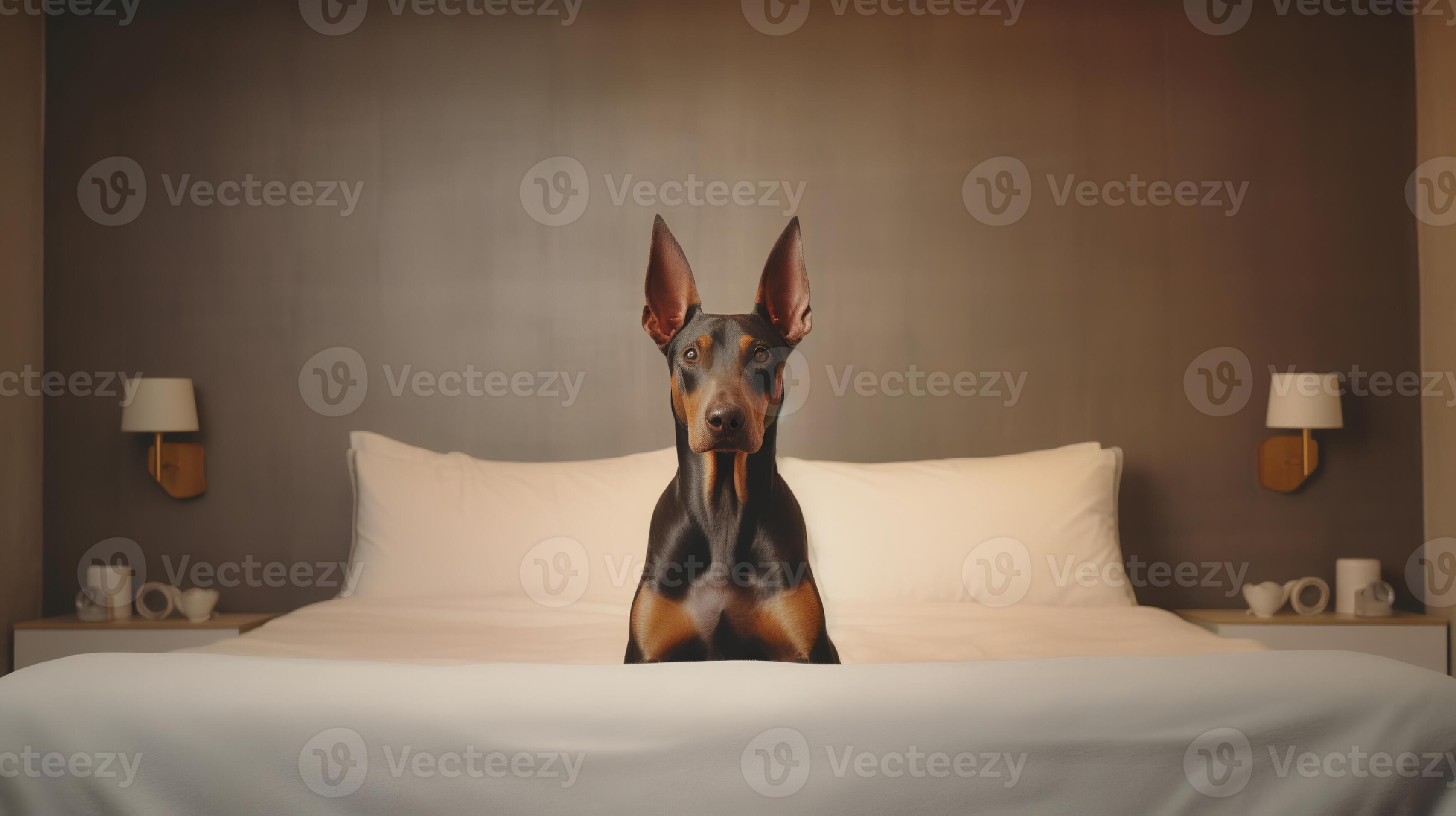 doberman dog lying on bed in hotel with contemporary interior design
