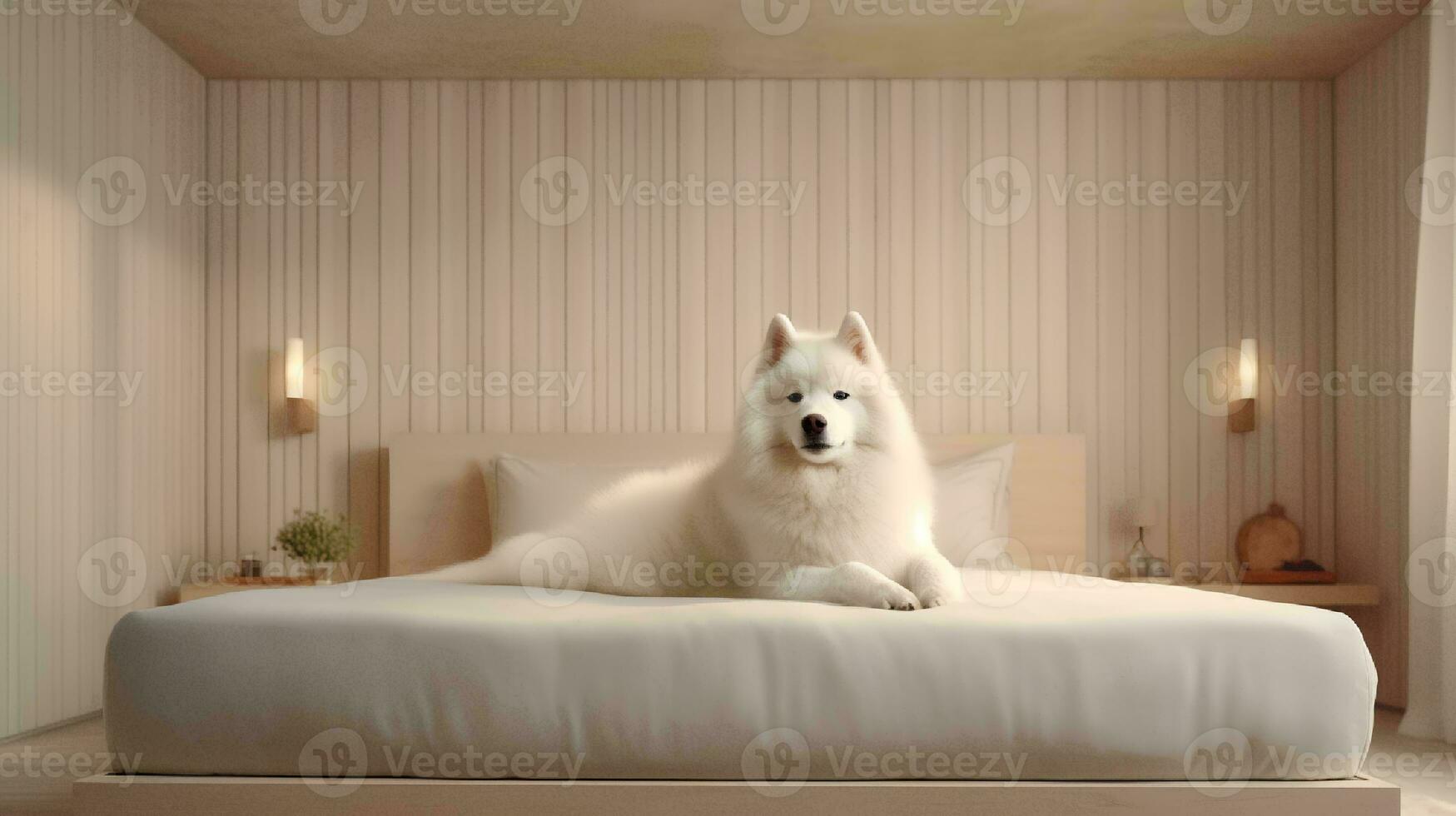 Samoyed dog lying on bed in hotel with contemporary interior design. Generative AI photo