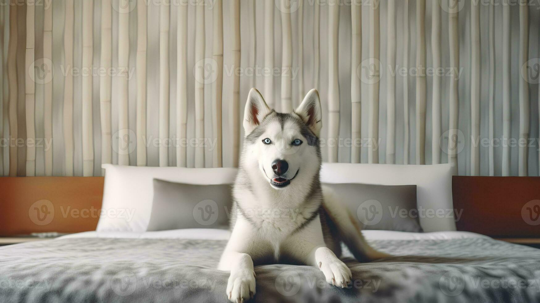 Siberian husky dog lying on bed in hotel with contemporary interior design. Generative AI photo