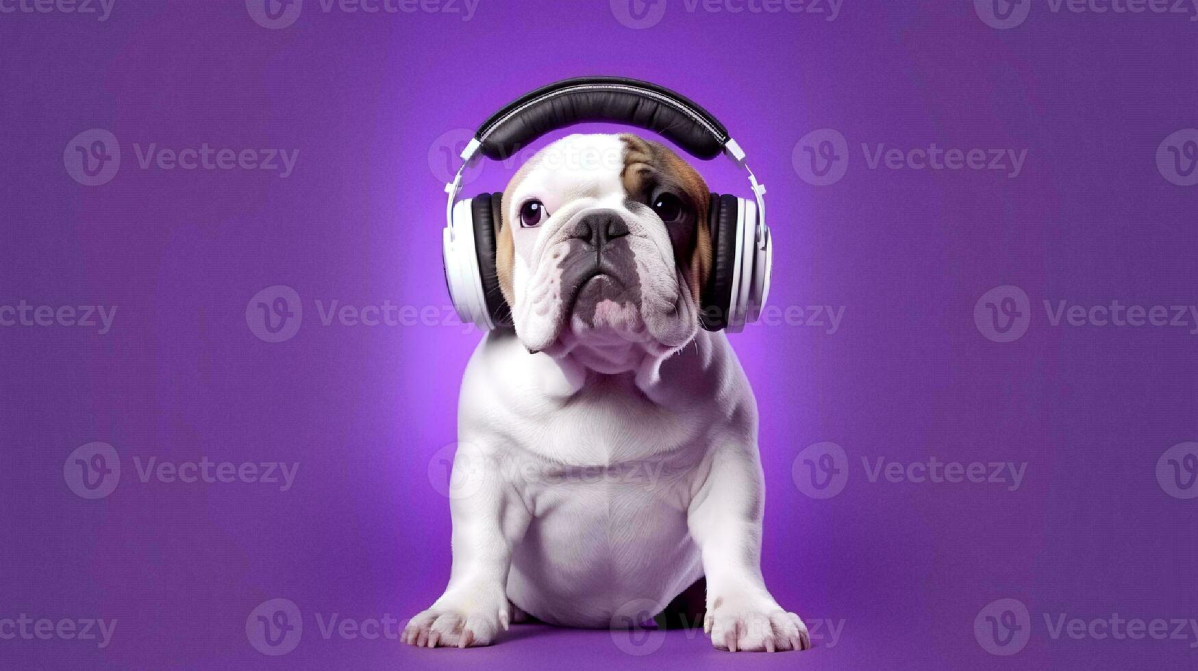 Photo of Bulldog using headphone  on purple background. Generative AI