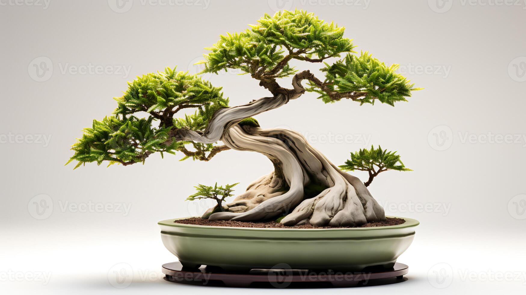 Photo of bonsai in minimalist pot as houseplant for home decoration isolated on blurry background.