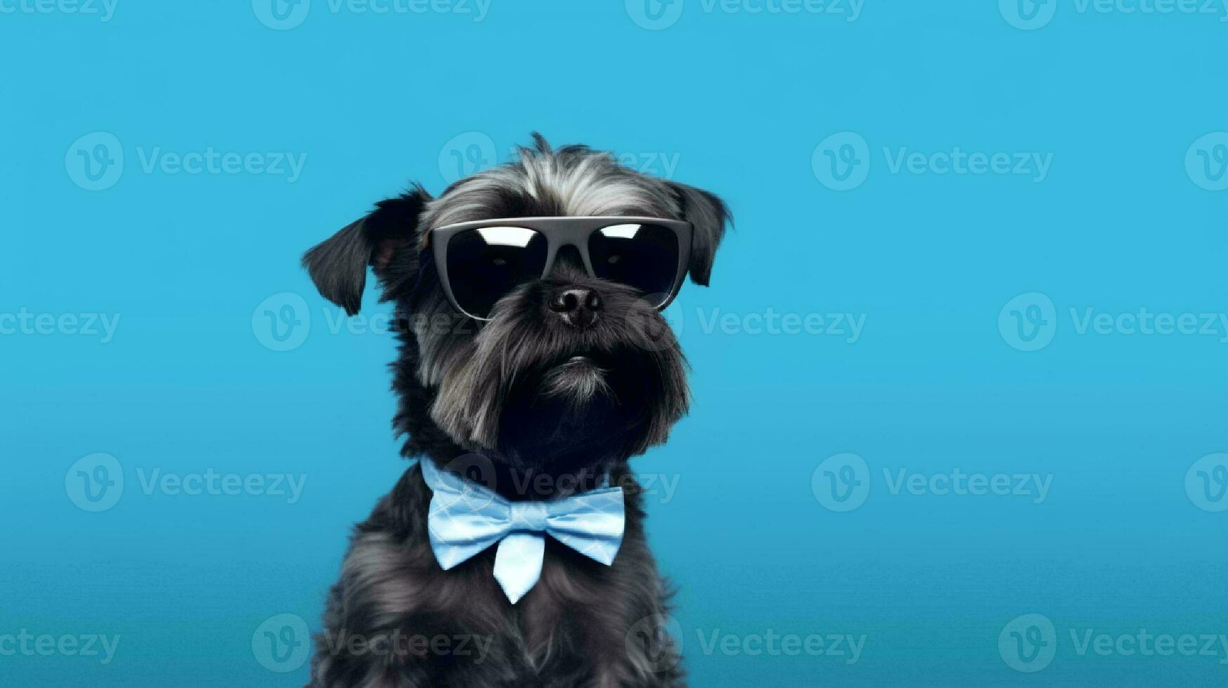 Photo of haughty Affenpinscher dog using glasses  and office suit on blue background